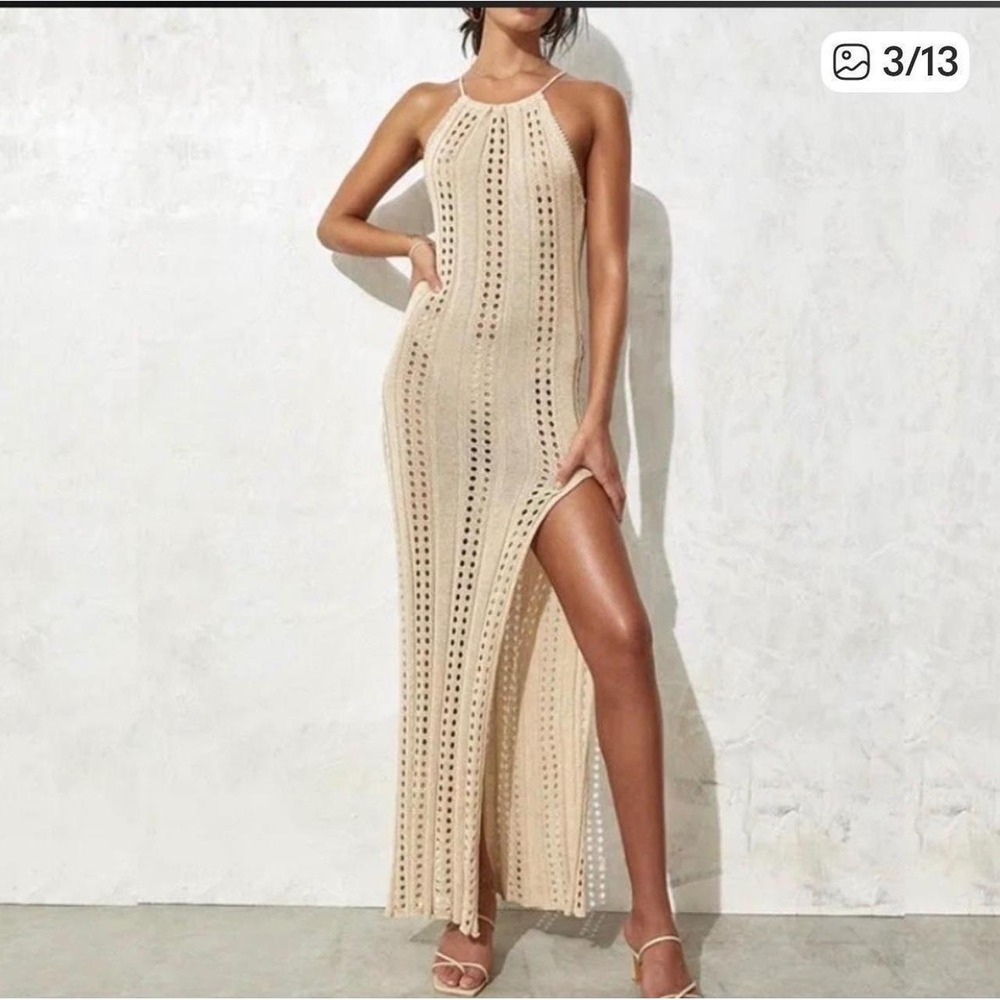 Laguna Blu Resortcore Crochet Halter Maxi Coverup Cream Beige Open Back Tassel M